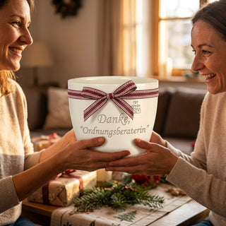 Personalisierter Blumentopf mit Gravur — Geschenk Ordnungsberaterin Dankeschön — als persoenliche Geschenk-Uebergabe