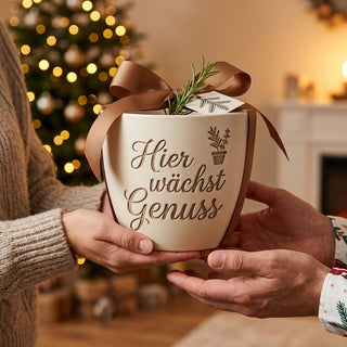 Personalisierter Blumentopf mit Gravur — Geschenk Sommelier & Weinliebhaber — als persoenliche Geschenk-Uebergabe