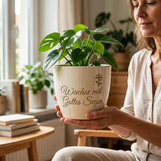 Personalisierter Keramik-Blumentopf mit Gravur — Geschenk Kaplan Primiz — im Wohnambiente
