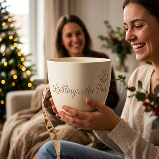 Personalisierter Blumentopf mit Gravur — Abschiedsgeschenk für Au Pair — geschenk_uebergabe