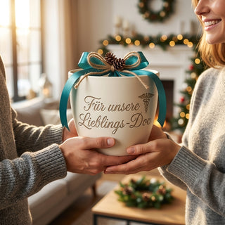 Personalisierter Blumentopf mit Gravur — Geschenk für Doktorandin Promotion — als persoenliche Geschenk-Uebergabe