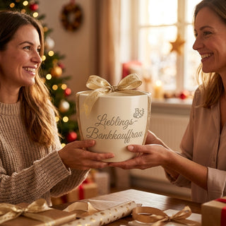 Personalisierter Blumentopf mit Gravur — Geschenk Bankkauffrau Abschied — als persoenliche Geschenk-Uebergabe