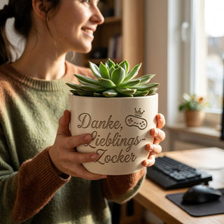 Personalisierter Blumentopf mit Gravur — Danke Geschenk für Zocker & Gamer — im Wohnambiente