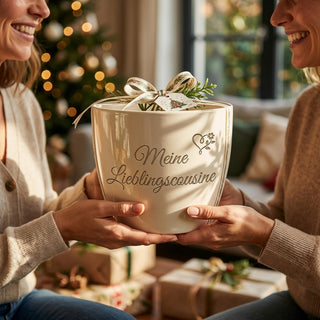 Personalisierter Blumentopf mit Gravur — Geschenk Cousine Geburtstag — als persoenliche Geschenk-Uebergabe