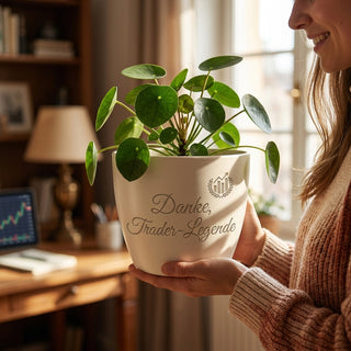 Personalisierter Blumentopf — Danke-Geschenk für Trader & Börsenprofis — im Wohnambiente