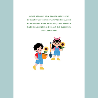 Kinder mit Blumentopf und Schaufel entdecken die Natur. Mein erstes Pflanz-Set mit Tagebuch für kleine Entdecker von Natur...