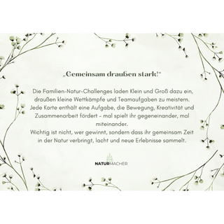 Familien-Natur-Challenges Winter PDF, Naturmacher, Text auf blumigem Hintergrund, fördert Outdoor-Aktivitäten und Zusammen...