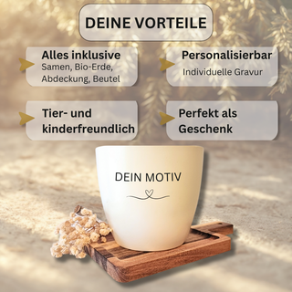 Weißer Blumentopf mit Gravur "Dein Motiv", personalisierbar, inkl. Samen, Bio-Erde & Abdeckung. Perfektes Geschenk, tier- ...