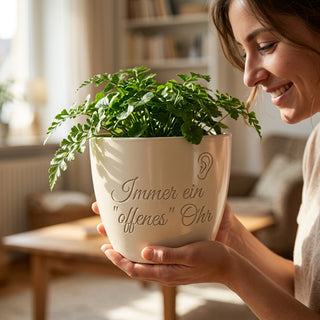 Personalisierter Blumentopf mit Gravur — Geschenk Telefonist Abschied — im Wohnambiente