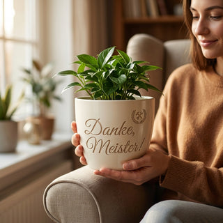 Blumentopf mit Gravur 'Danke, Meister!' — Geschenk Werkzeugmechaniker Abschied — im Wohnambiente