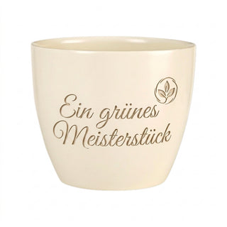 Personalisierter Blumentopf mit Gravur — Geschenk Goldschmied Meisterstück — Detailansicht der Lasergravur
