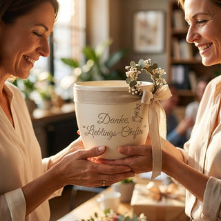 Personalisierter Blumentopf mit Gravur — Danke-Geschenk Store Manager Chefin — als persoenliche Geschenk-Uebergabe