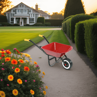 Rote Kinder-Schubkarre von Goki im Garten. Ideal für kleine Gärtner.