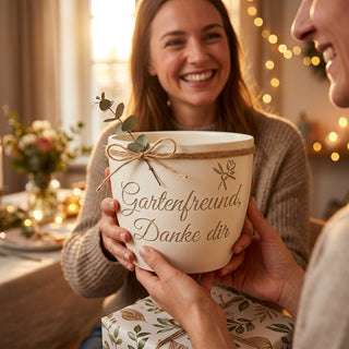 Personalisierter Blumentopf mit Gravur — Geschenk für Naturfreunde zum Danken — als persoenliche Geschenk-Uebergabe