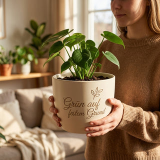 Blumentopf mit Gravur "Grün auf festem Grund" — Geschenk Maurerin — im Wohnambiente