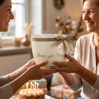 Personalisierter Blumentopf — Geschenk Berufsfischer Abschied — als persoenliche Geschenk-Uebergabe