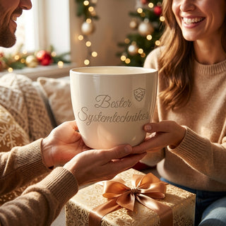 Personalisierter Blumentopf mit Lasergravur — Geschenk für Systemtechniker — als persoenliche Geschenk-Uebergabe