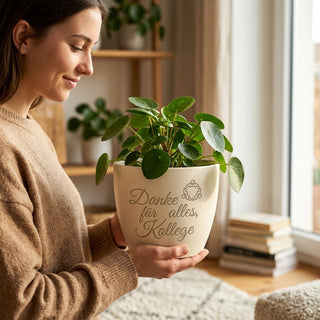 Personalisierter Blumentopf mit Gravur — Geschenk Ruheständler Abschied Kollege — im Wohnambiente