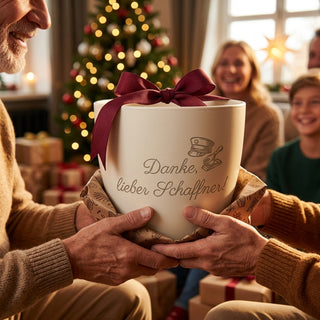Personalisierter Blumentopf mit Gravur — Geschenk für Schaffner zum Abschied — als persoenliche Geschenk-Uebergabe