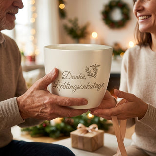 Personalisierter Blumentopf mit Gravur — Dankeschön Onkologe nach Krebstherapie — als persoenliche Geschenk-Uebergabe