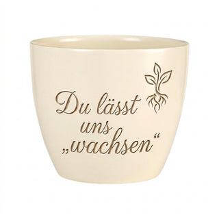 Personalisierter Blumentopf 'Du lässt uns wachsen' — Geschenk Teamleiterin — Detailansicht der Lasergravur