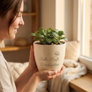 Personalisierter Blumentopf mit Gravur — Dankeschön Geschenk für Bestatterin — im Wohnambiente