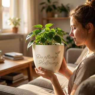 Personalisierter Blumentopf mit Gravur — Geschenk Onkologe Dankeschön — im Wohnambiente