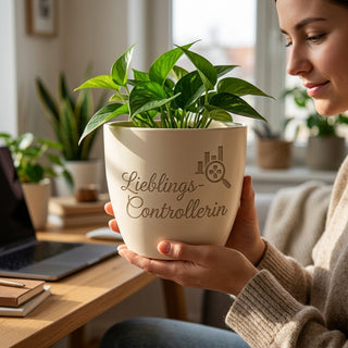 Personalisierter Blumentopf — Geschenk Controllerin Abschied mit Gravur — im Wohnambiente