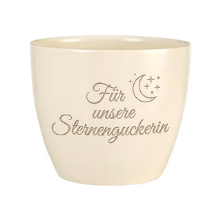 Personalisierter Blumentopf mit Gravur — Geschenk Astronomin Sternenguckerin — topf_gravur