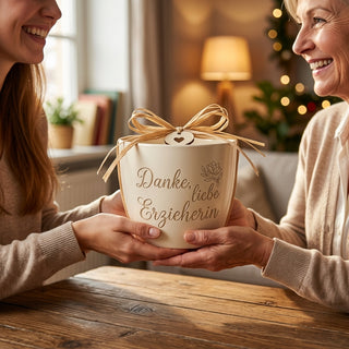 Personalisierter Blumentopf mit Gravur — Einschulungsgeschenk für die Erzieherin — als persoenliche Geschenk-Uebergabe