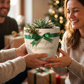 Personalisierter Blumentopf mit Gravur — Geschenk Kauffrau für Büromanagement — als persoenliche Geschenk-Uebergabe