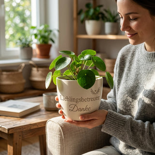 Personalisierter Blumentopf mit Gravur — Geschenk Kundenbetreuer Dankeschön — im Wohnambiente