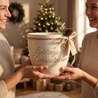 Personalisierter Blumentopf mit Gravur — Geschenk für Dekorateurin — als persoenliche Geschenk-Uebergabe