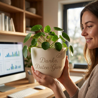 Persönliches Geschenk für Datenanalysten – Gravur: Danke, Daten-Guru — im Wohnambiente