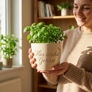 Geschenk Sommelière – Blumentopf mit individueller Gravur: Hier wächst Genuss — im Wohnambiente