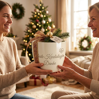 Personalisierter Blumentopf mit Gravur — Geschenk Kardiologin — als persoenliche Geschenk-Uebergabe