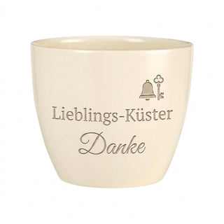 Personalisierter Blumentopf mit Gravur — Geschenk für Küster — Detailansicht der Lasergravur