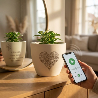 Sprachtopf: herzförmigen QR-Code mit dem Handy scannen und persönliche Sprachnachricht hören – Gravur-Design auf der Rückseite