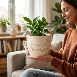 Personalisierter Blumentopf mit Gravur — Geschenk Staatsanwalt Danke & Abschied — im Wohnambiente