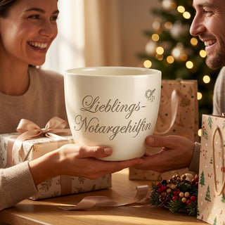 Personalisierter Blumentopf mit Gravur — Geschenk für Notarfachangestellte — als persoenliche Geschenk-Uebergabe