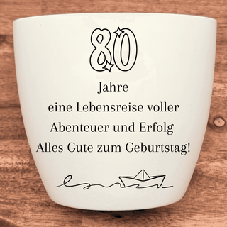 Weißer Blumentopf mit "80 Jahre" Gravur und Geburtstagsgruß, Geschenk zum 80. Geburtstag.