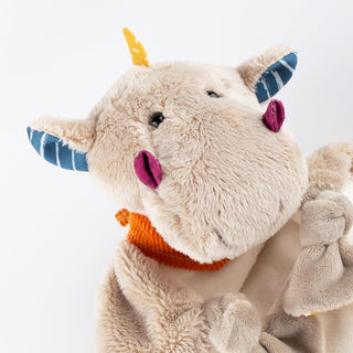 Sigikid Schnuffeltuch Drache, beige, mit buntem Schal und gelbem Horn, kuschelig weich, Babygeschenk.