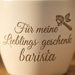 Personalisierter Blumentopf mit Gravur — Geschenk für Barista — Detailaufnahme