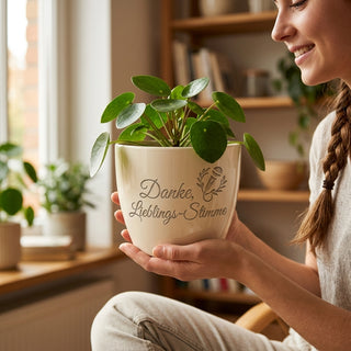 Personalisierter Blumentopf mit Gravur — Geschenk Synchronsprecher Dankeschön — im Wohnambiente