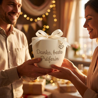 Personalisierter Blumentopf mit Gravur — Danke-Geschenk für Wirtschaftsprüferin — als persoenliche Geschenk-Uebergabe