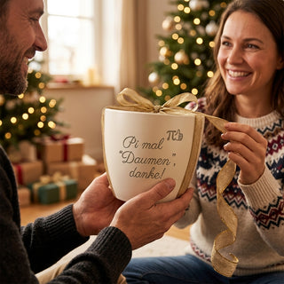 Personalisierter Blumentopf mit Gravur — Geschenk Mathematikerin Abschied — als persoenliche Geschenk-Uebergabe
