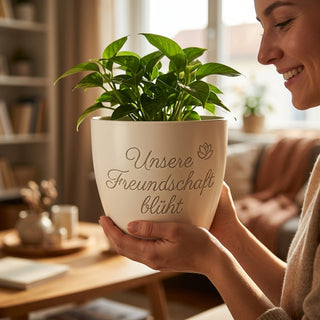 Personalisierter Blumentopf mit Gravur — Geschenk Trauzeugin Hochzeit — im Wohnambiente