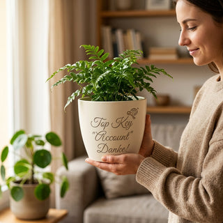 Personalisierter Blumentopf mit Gravur — Geschenk Key Account Manager — im Wohnambiente