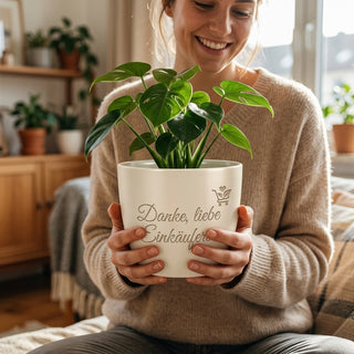Persönlicher Blumentopf mit Gravur – Danke, liebe Einkäuferin — im Wohnambiente