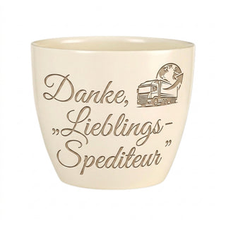 Personalisierter Blumentopf mit Gravur — Danke-Geschenk für Spediteure — Detailansicht der Lasergravur